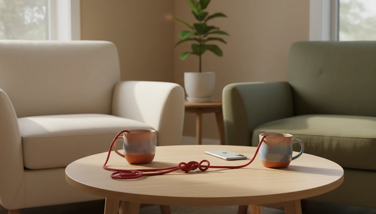 Two empty chairs face a table with mugs, a face-down phone, and an untangling red cord in soft light.