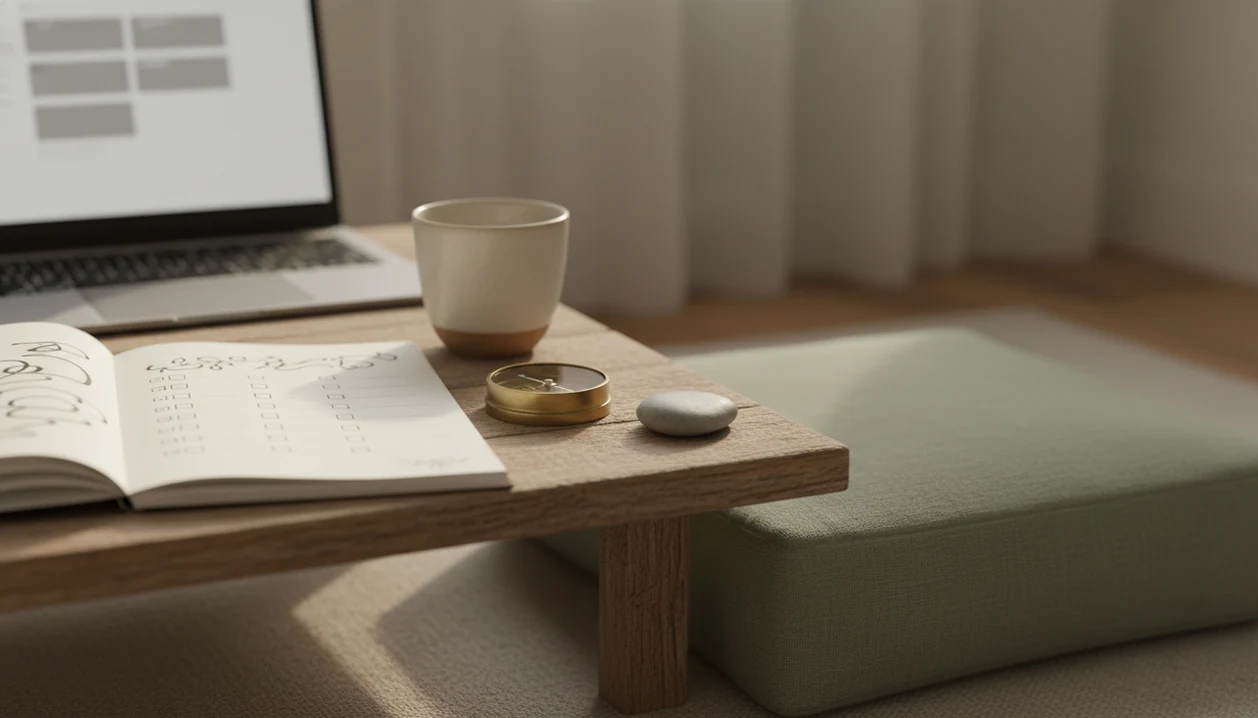 A calm desk setup with a notebook, compass, cushion, and blurred laptop for researching mindfulness teachers.