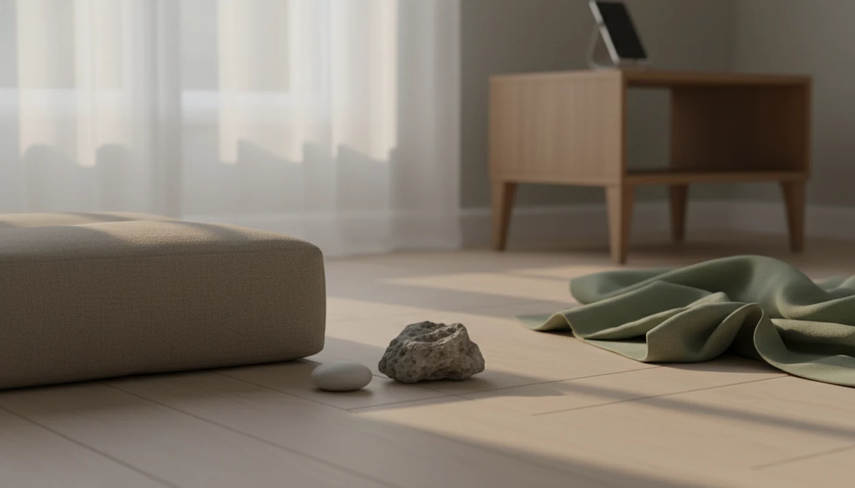 A calm bedroom corner with a meditation cushion, rough stone, smooth pebble, and soft dawn light.