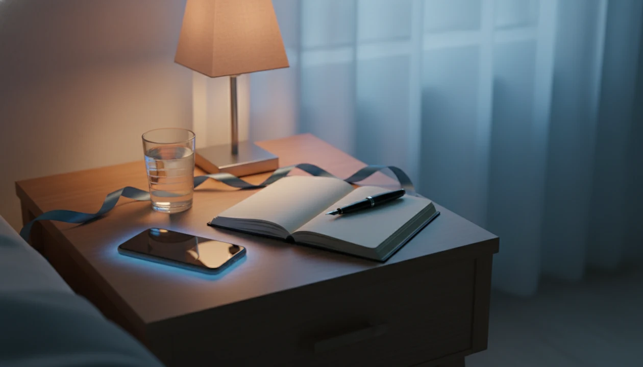 A quiet bedside table shows a face-down phone, blank journal, water glass, and ribbon boundary in soft night light.