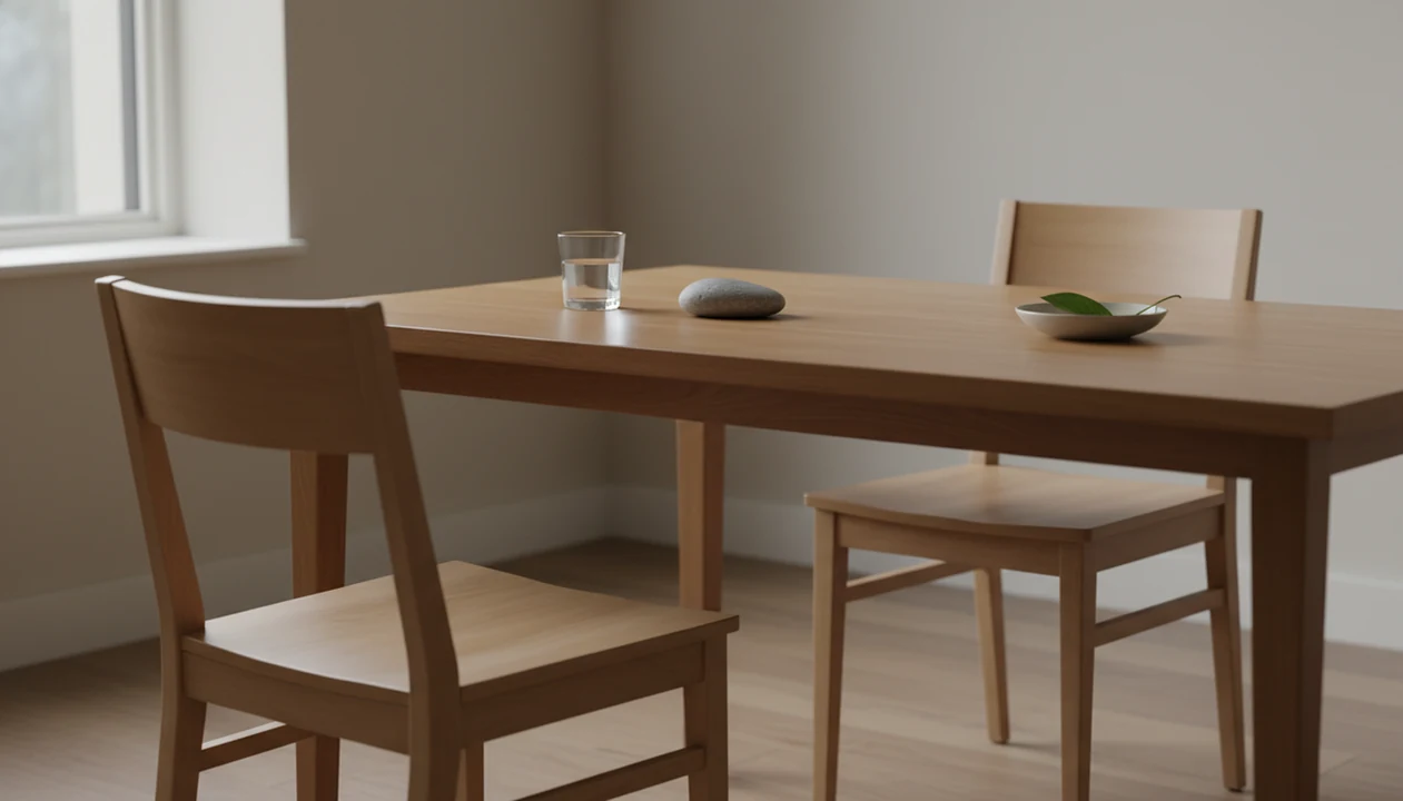 Two empty chairs face each other across a calm table with water, a stone, and a green leaf.