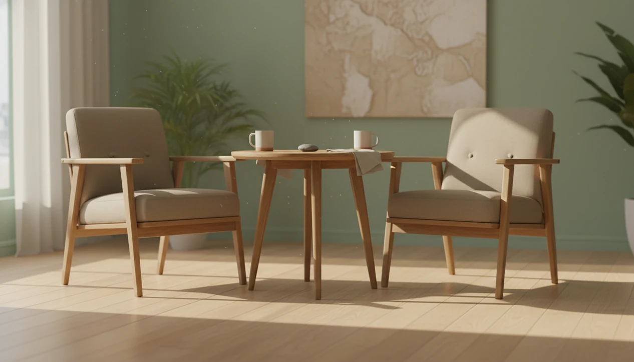 Two empty chairs face each other across a quiet table, suggesting a calm pause before a hard conversation.