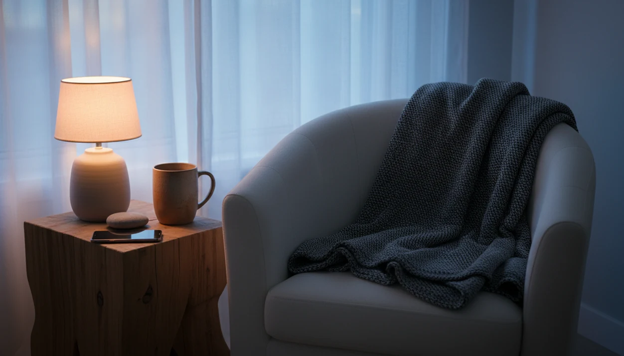 A calm bedroom corner with a chair, blanket, lamp, mug, stone, and face-down phone for grounding.