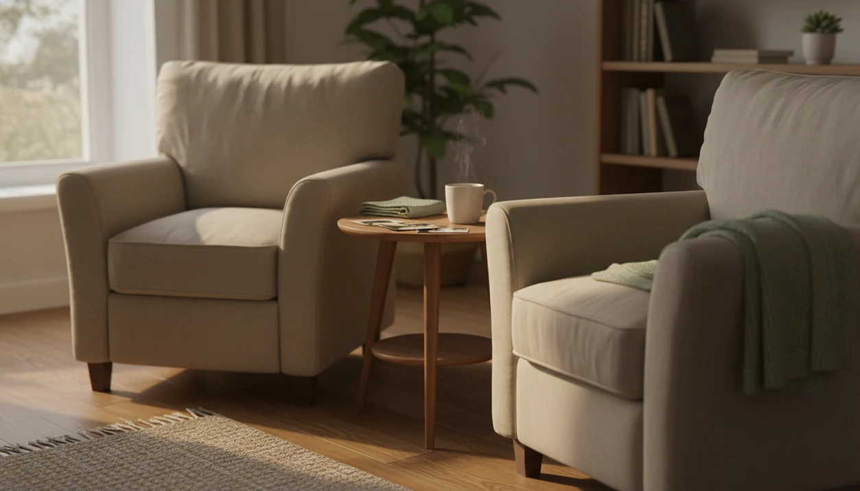 Two angled armchairs in a calm living room set up for a quiet dementia visit.