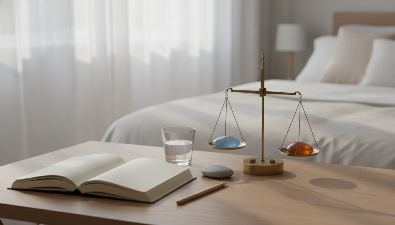 A calm desk scene with a blank journal, pencil, pebbles, and a balance scale in soft morning light.
