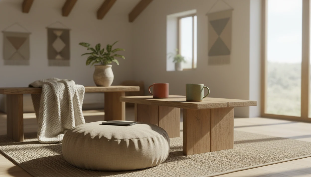 A quiet living room with a meditation cushion, two mugs, and soft morning light suggesting shared calm.