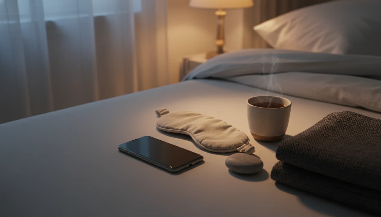 A calm bedside still life with tea, an eye mask, and a phone face down in soft night lighting.