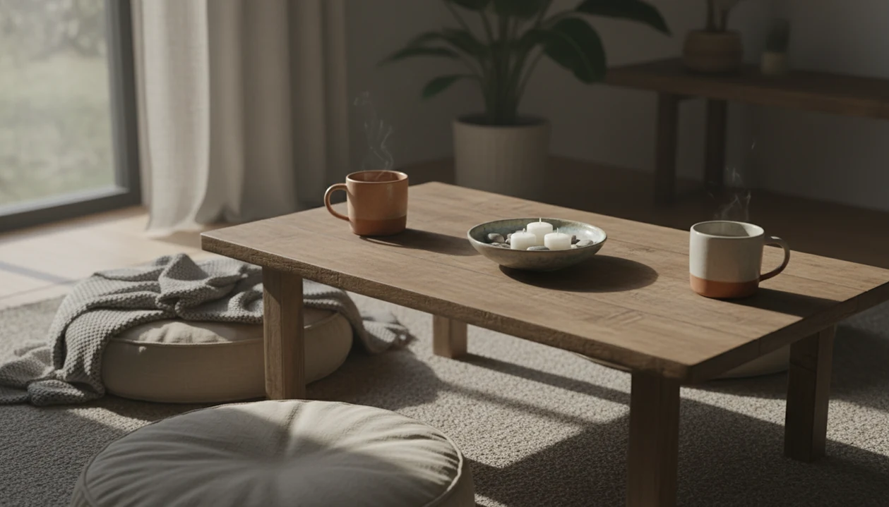 Two mugs and meditation cushions in a quiet living room suggest a mindful pause before conversation.