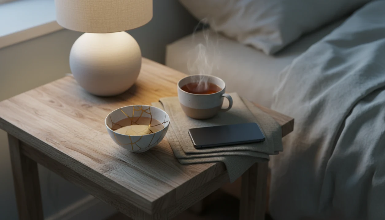 A repaired ceramic bowl, tea, and folded blanket sit on a calm bedside table at dawn.