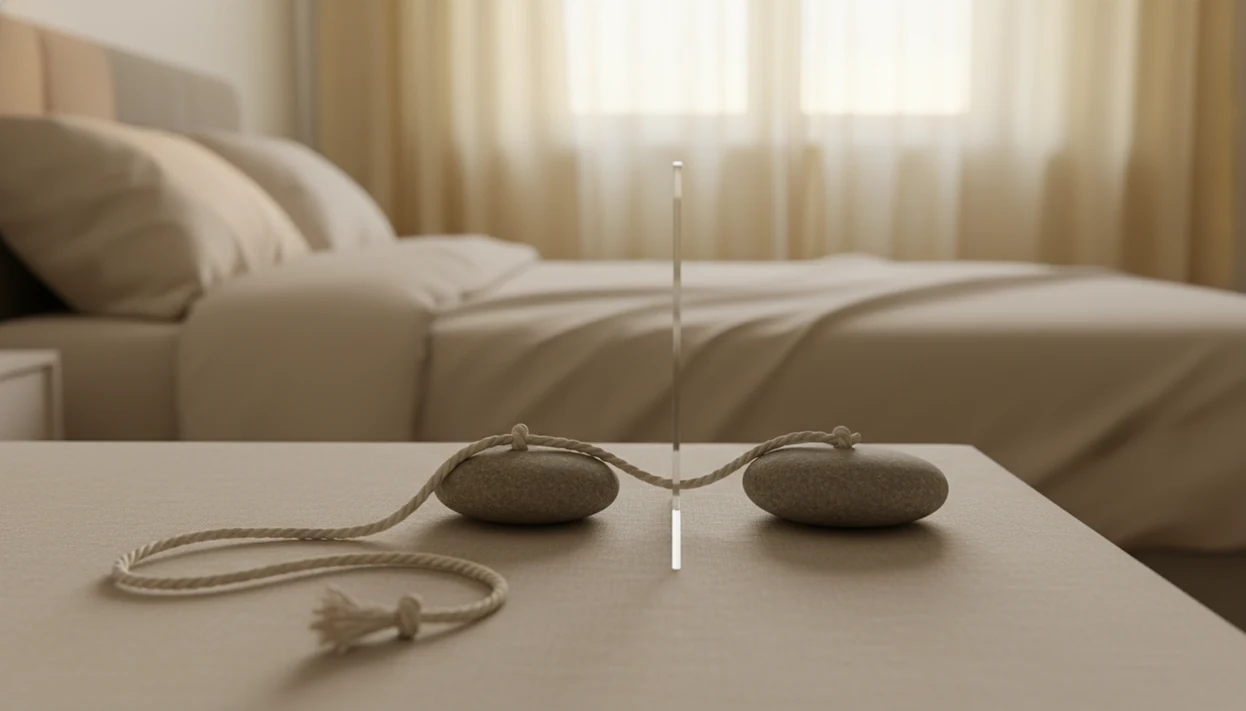 Two river stones with a loosened cord and glass boundary sit on a calm bedside table at sunrise.