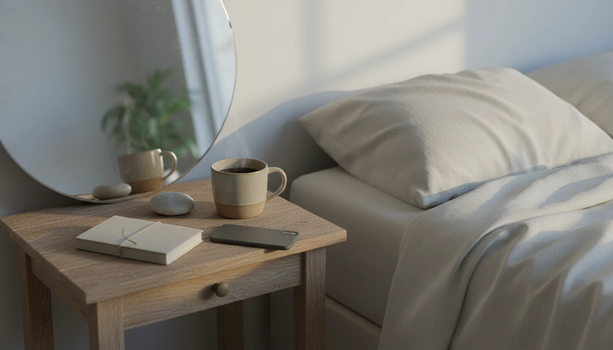 A calm bedside still life with a journal, mug, stone, mirror, and face-down phone in soft morning light.