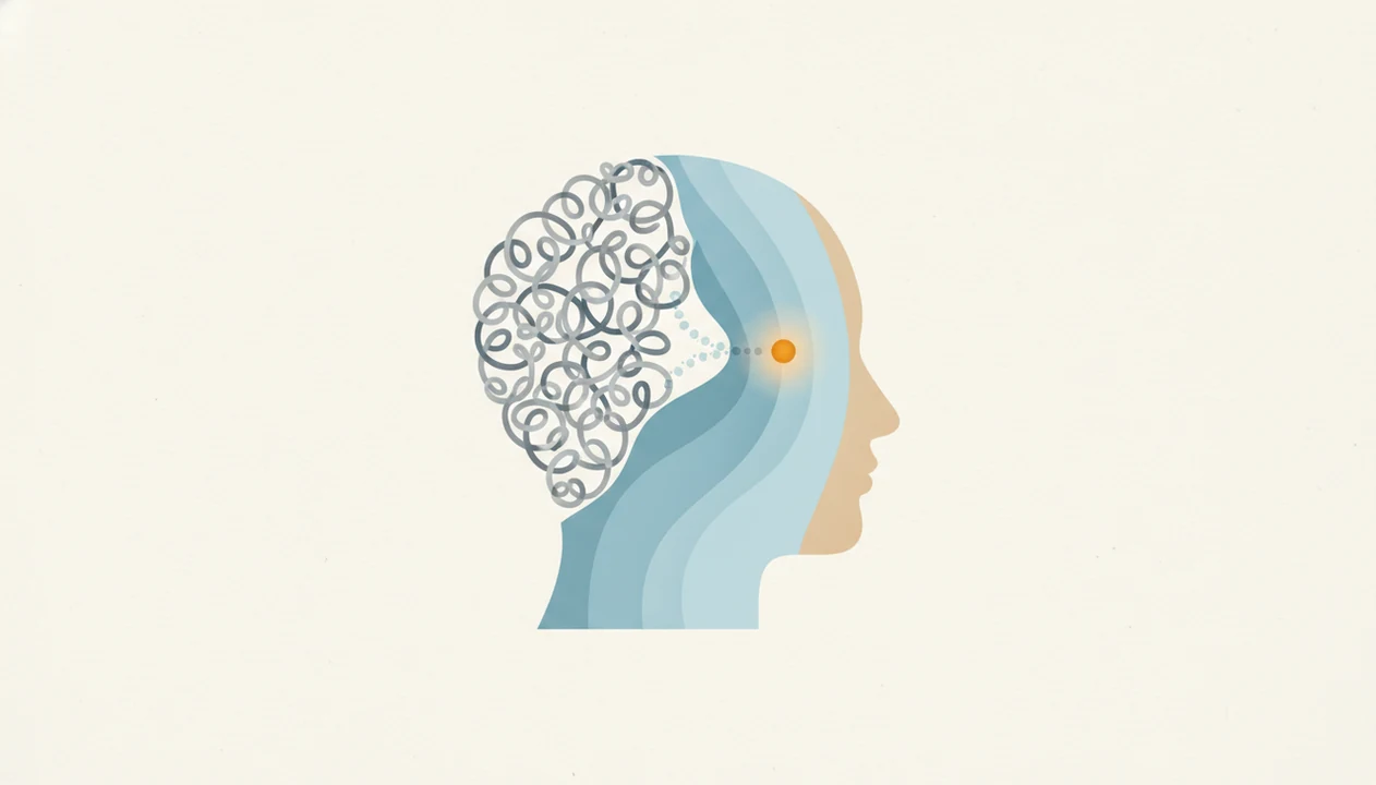 A calm illustration shows the mind shifting from tangled autopilot loops into conscious awareness.