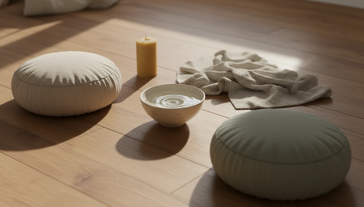 Two meditation cushions face each other with a rippling water bowl between them in soft morning light.