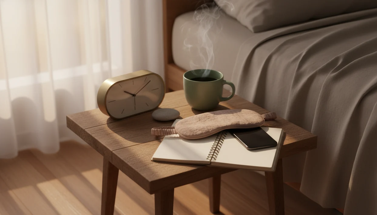 A quiet bedside scene with a mug, notebook, sleep mask, stone, and phone turned face down.