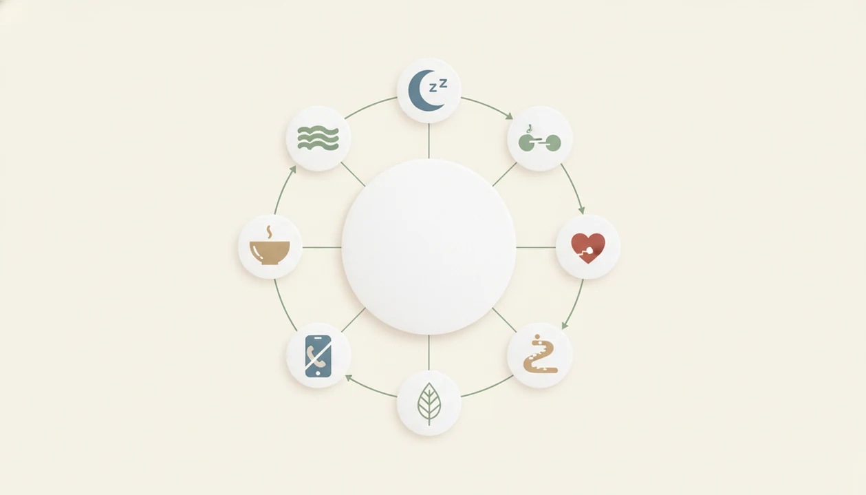 A calm hub-and-spoke illustration connects sleep, breathing, relationships, walking, and digital wellness.