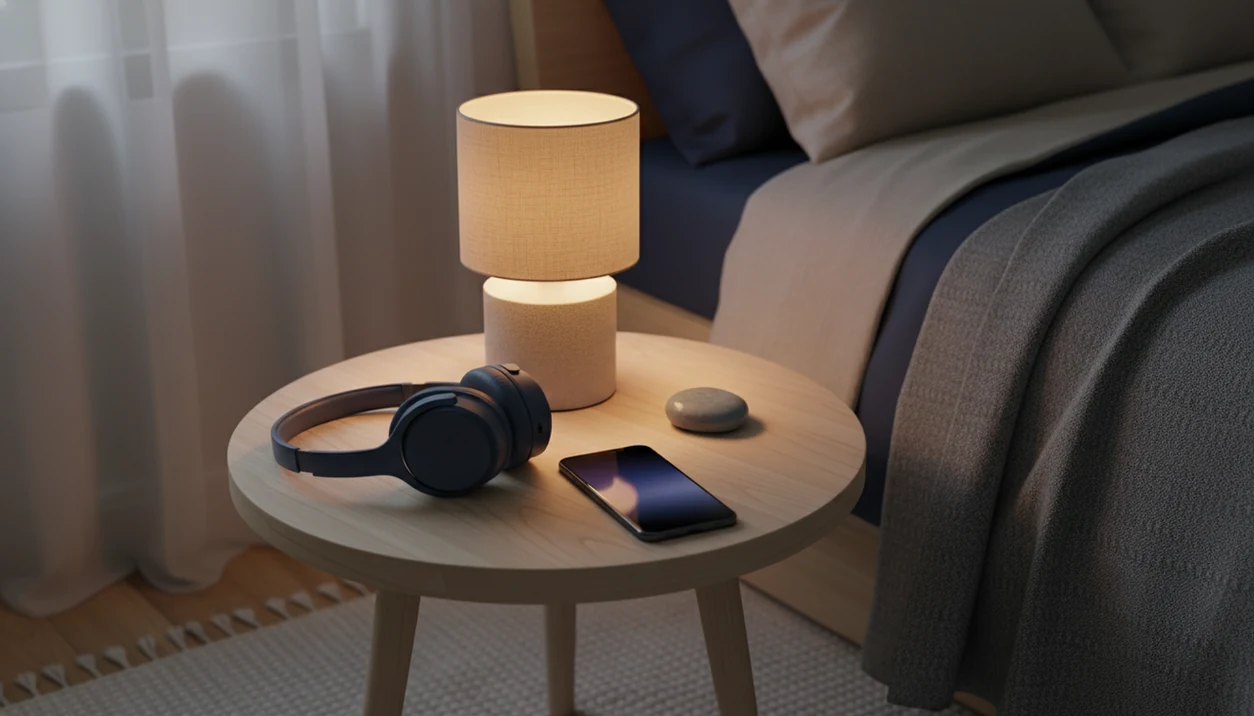A quiet bedside setup with headphones, a palm stone, blanket, lamp, and phone for a sensory-friendly routine.