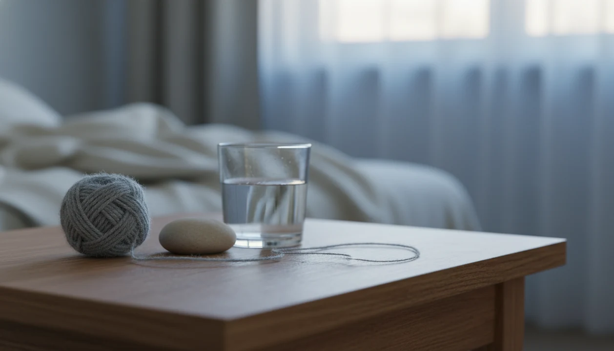 A tangled gray thread on a bedside table loosens toward a pebble in soft morning light.
