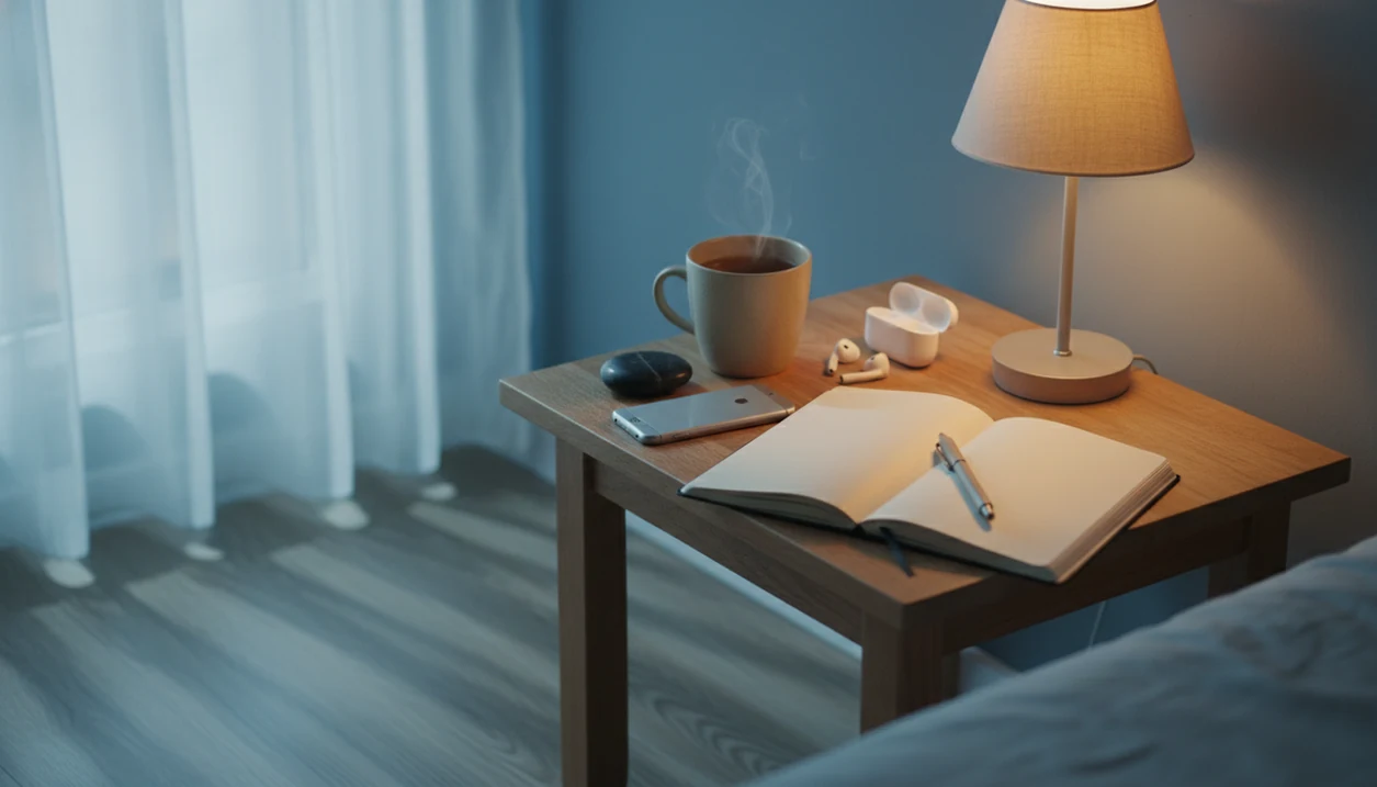 A calm bedside still life suggests pausing with mindfulness during cravings and recovery stress.