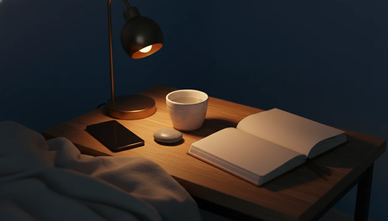 A calm bedside still life with a face-down phone, water, notebook, and worry stone in soft night light.