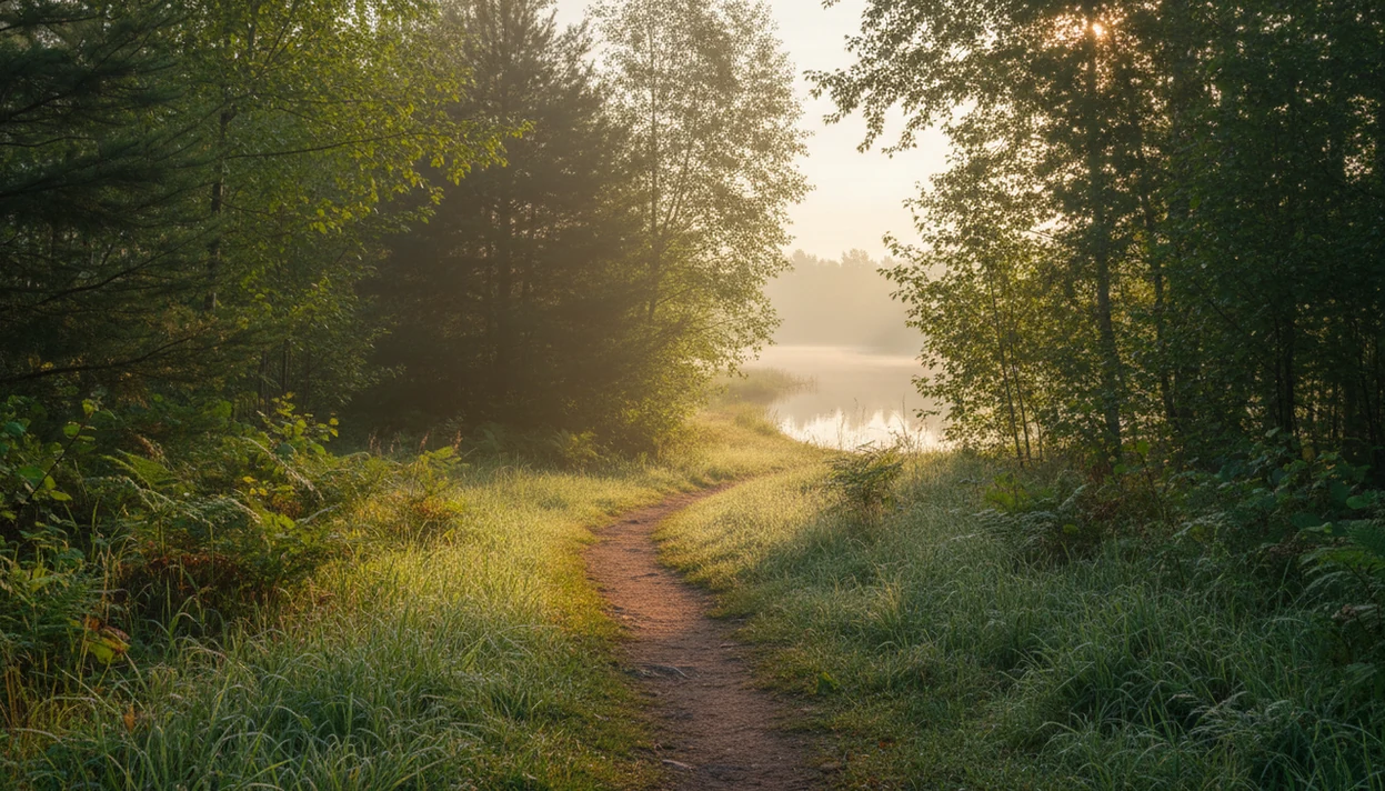 A peaceful tree-lined nature path curves toward calm water in soft morning light.