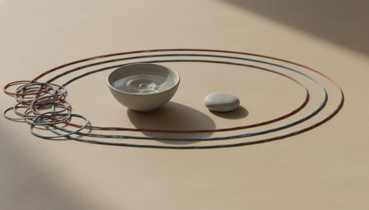 Colored threads untangle into smooth paths beside a water bowl and stone on a calm tabletop.