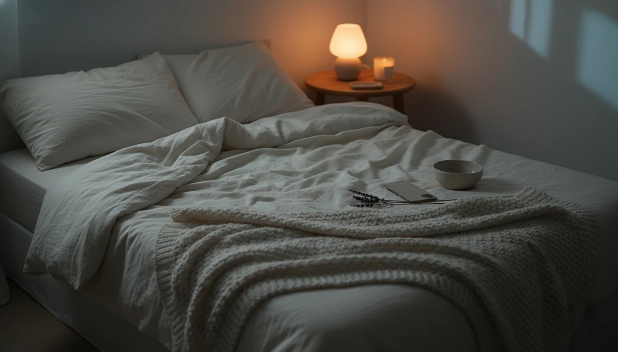 A calm bedroom still life with soft linens, warm light, lavender, and a phone placed face down.