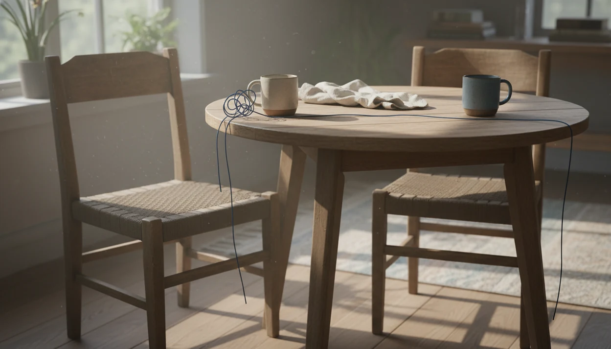 Two chairs and mugs sit across a table with a tangled thread loosening between them.