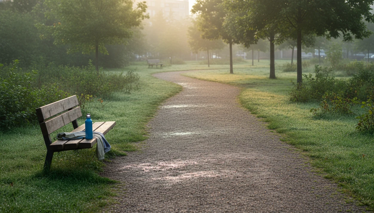 A quiet park path in soft morning light with an empty bench beside trees and grass.