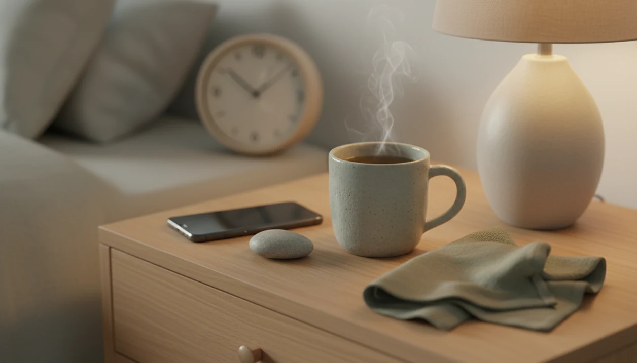 A quiet bedside still life with tea, a stone, a clock, and a phone face down in soft warm light.