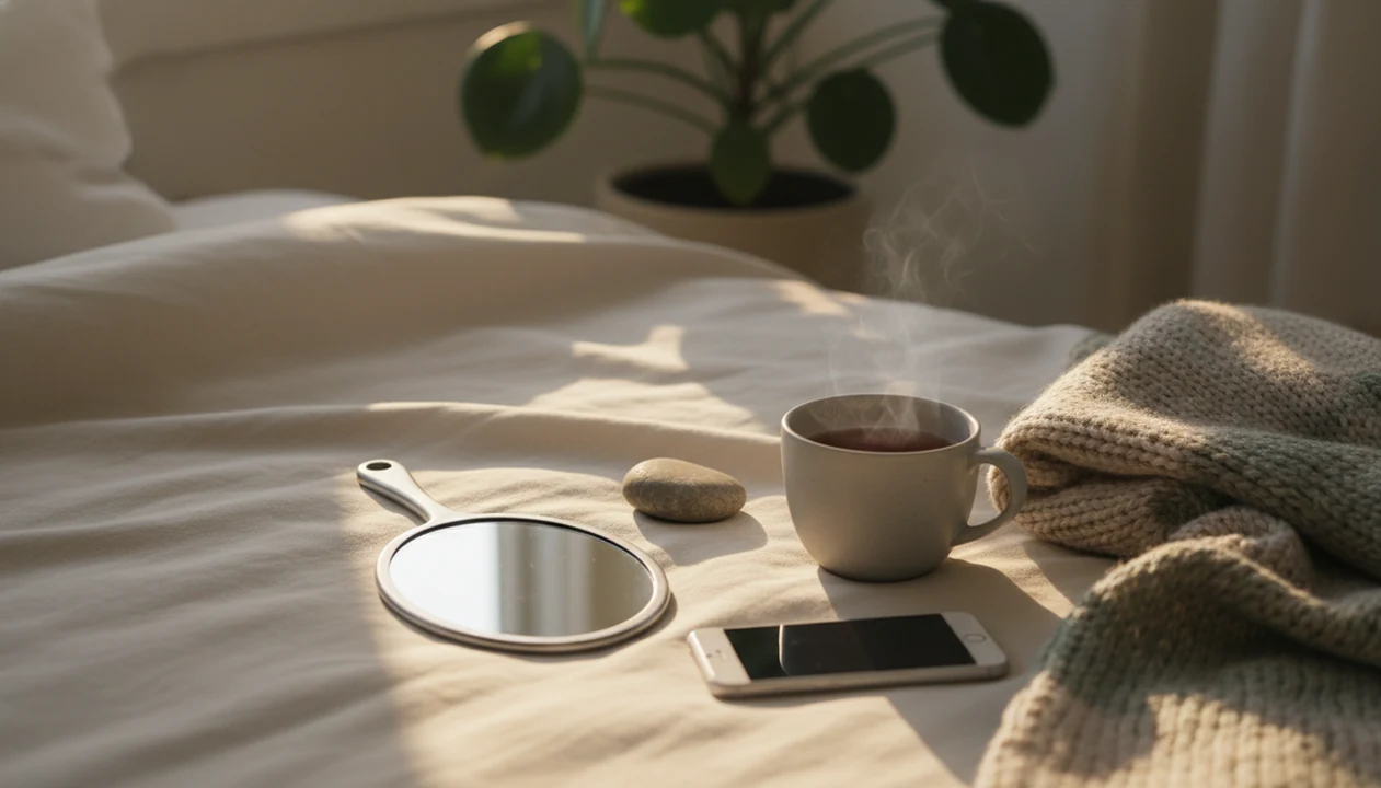 A calm bedroom still life with a face-down mirror, stone, blanket, tea, and phone in soft morning light.