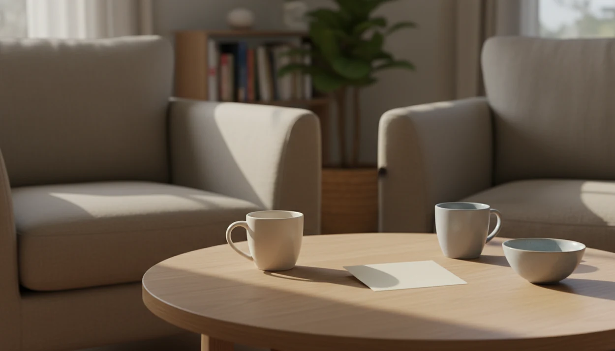 Two empty chairs face a small table with mugs and a blank note, suggesting a calm apology conversation.