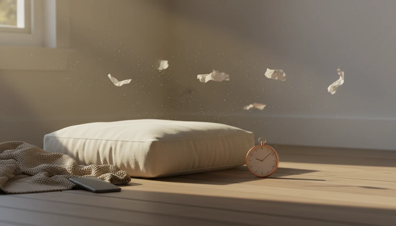 A quiet meditation cushion, timer, blanket, and face-down phone in soft morning light.