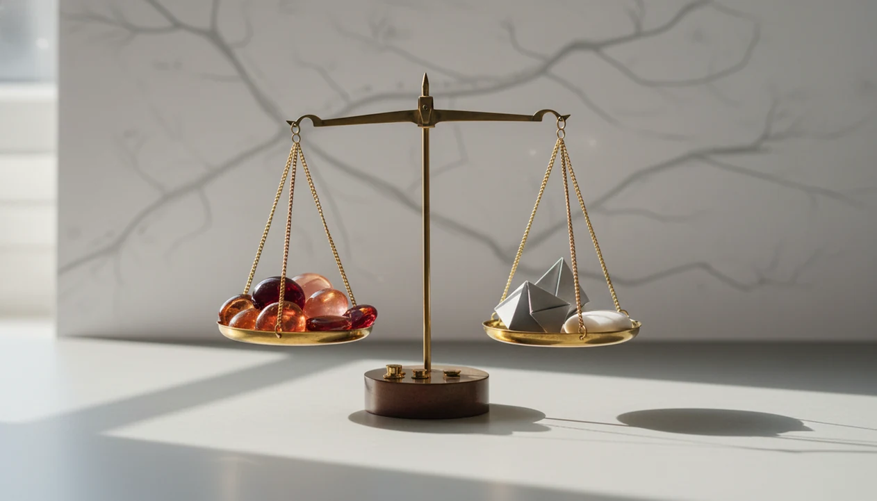 A balance scale holds warm glass stones and cool paper shapes to symbolize emotion and reason in choices.