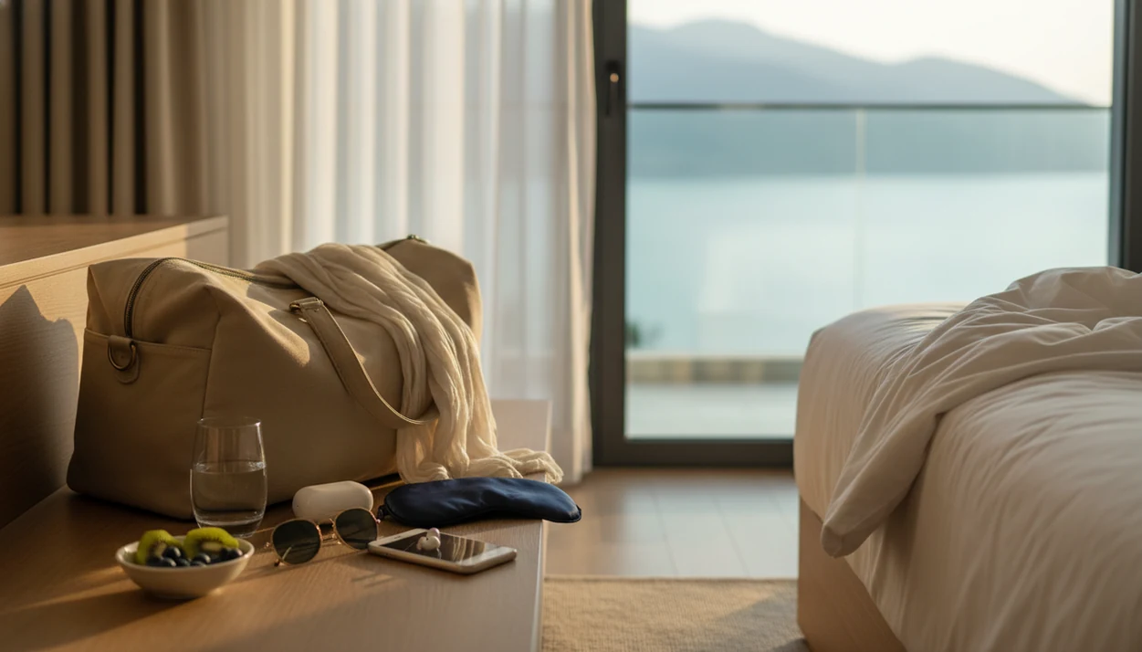 A calm hotel room still life with travel items, a face-down phone, water, and a soft sunrise view.