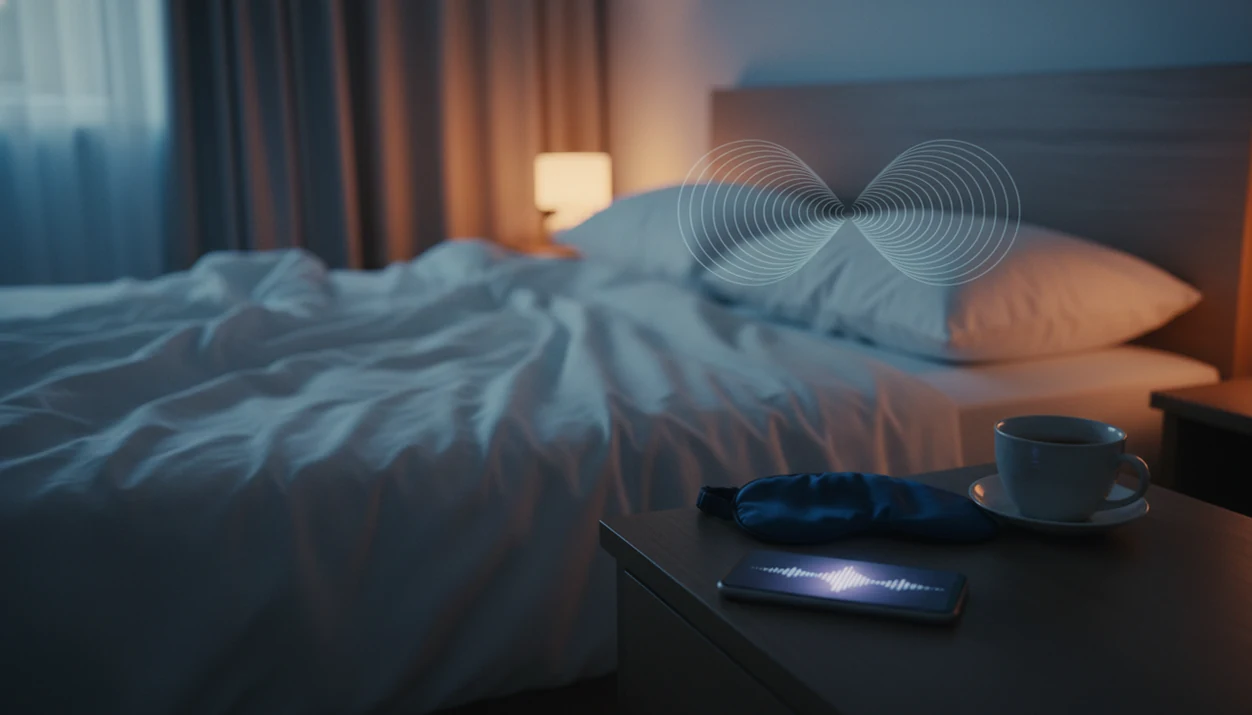 A calm bedside scene with subtle sound-wave ripples suggesting tinnitus and guided meditation at night.