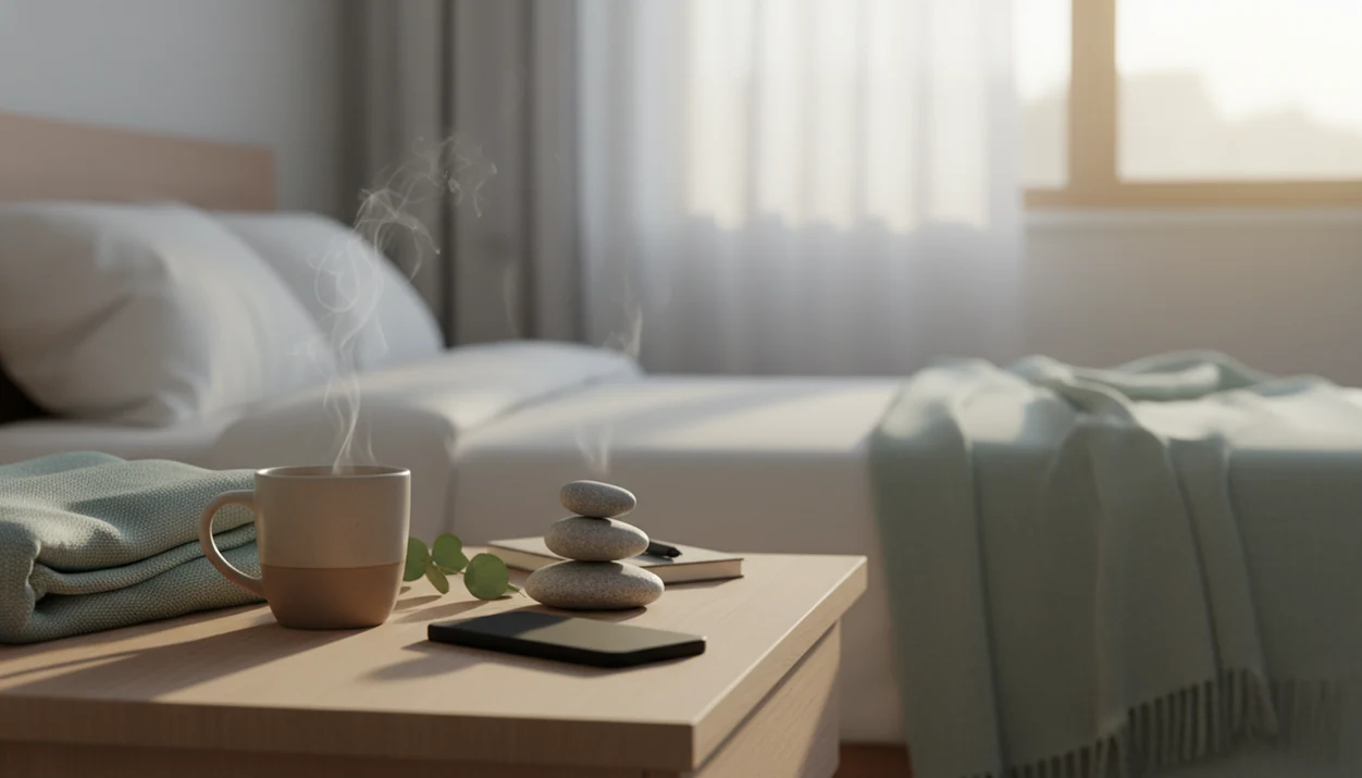 A calm bedside still life with a mug, stone, sprig, blanket, and phone in soft morning light.