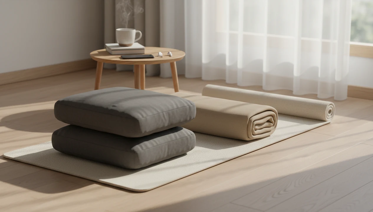 A quiet bedroom setup with pillows, blanket, mat, and speaker and dim light on the bedside table.
