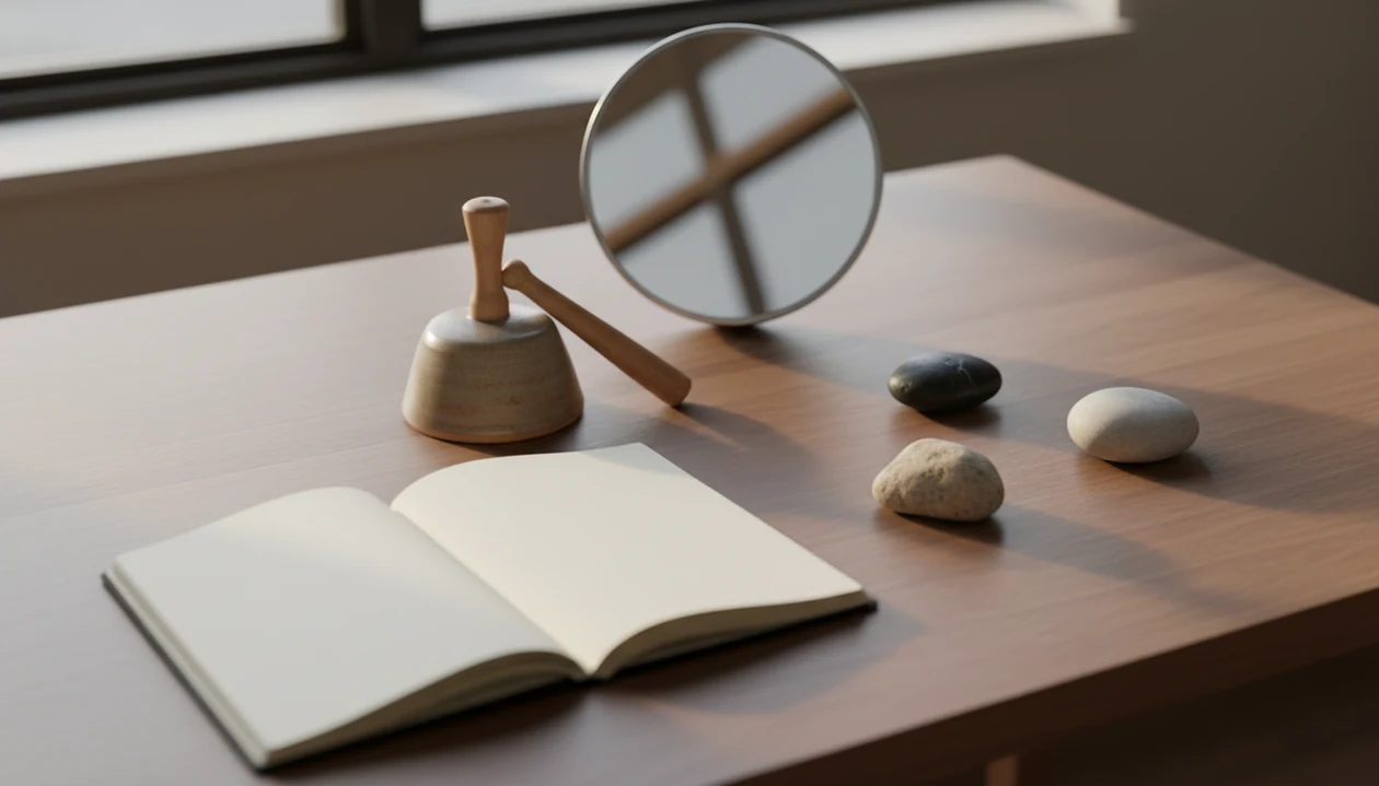 A calm still life with stones, a blank journal, a bell, and a mirror symbolizing mindful bias awareness.