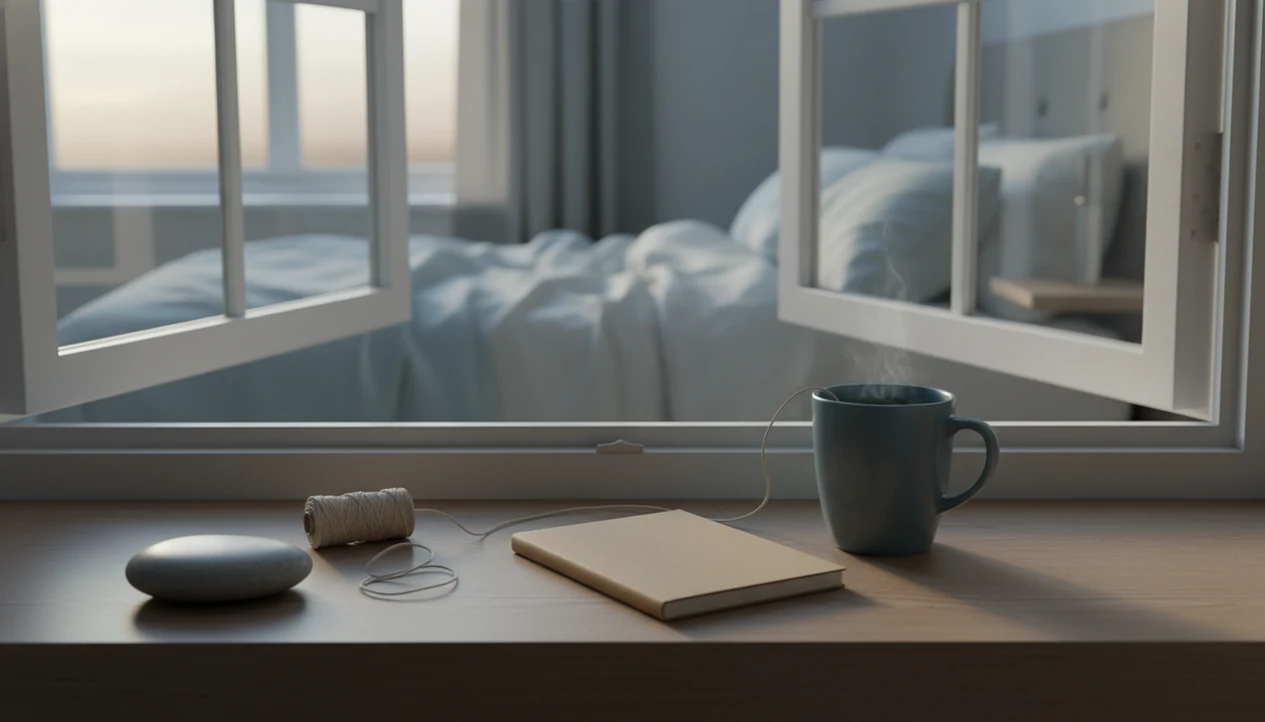 A quiet dawn bedroom scene with a pebble, loose thread, tea, and notebook suggesting release and calm.