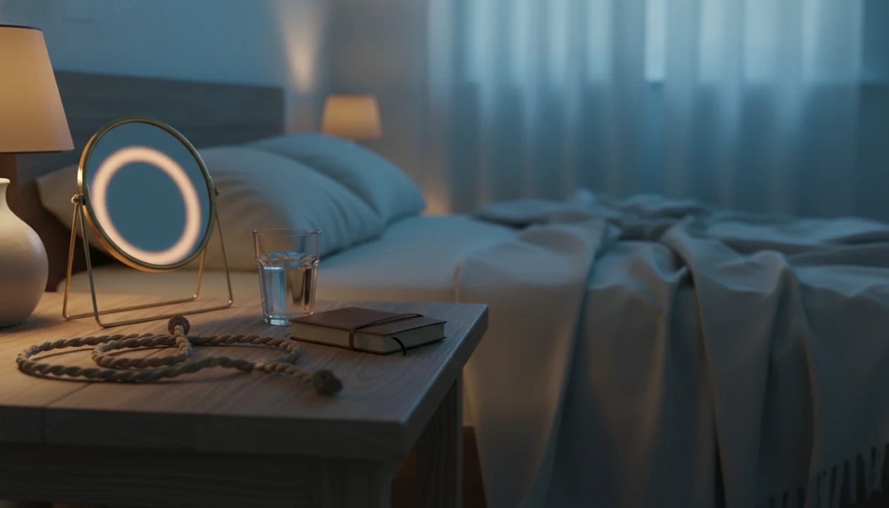 A bedside still life with a mirror, journal, water glass, and soft boundary-like cord at night.