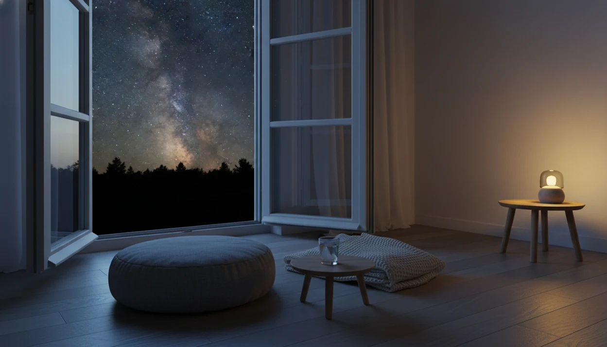 A quiet bedroom corner opens to a vast starry night sky, suggesting calm awe before sleep.