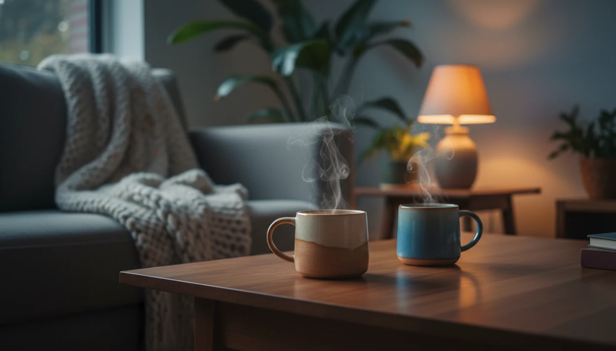 Two mugs of tea on a quiet living room table suggest calm, supportive connection.