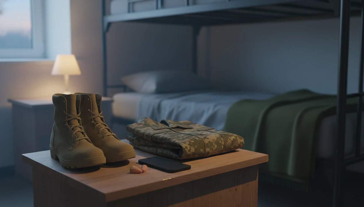 Military boots, folded uniform, and a face-down phone rest in a quiet barracks room before dawn.