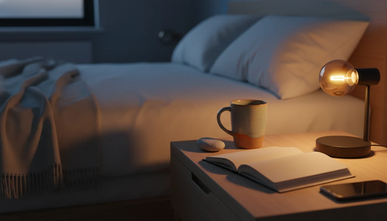 A calm bedside scene with a mug, blank journal, stone, and soft lamp light suggesting self-compassion at night.
