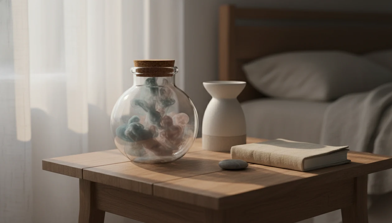 A sealed glass jar holding colored wisps on a quiet bedside table, symbolizing suppressed emotions.