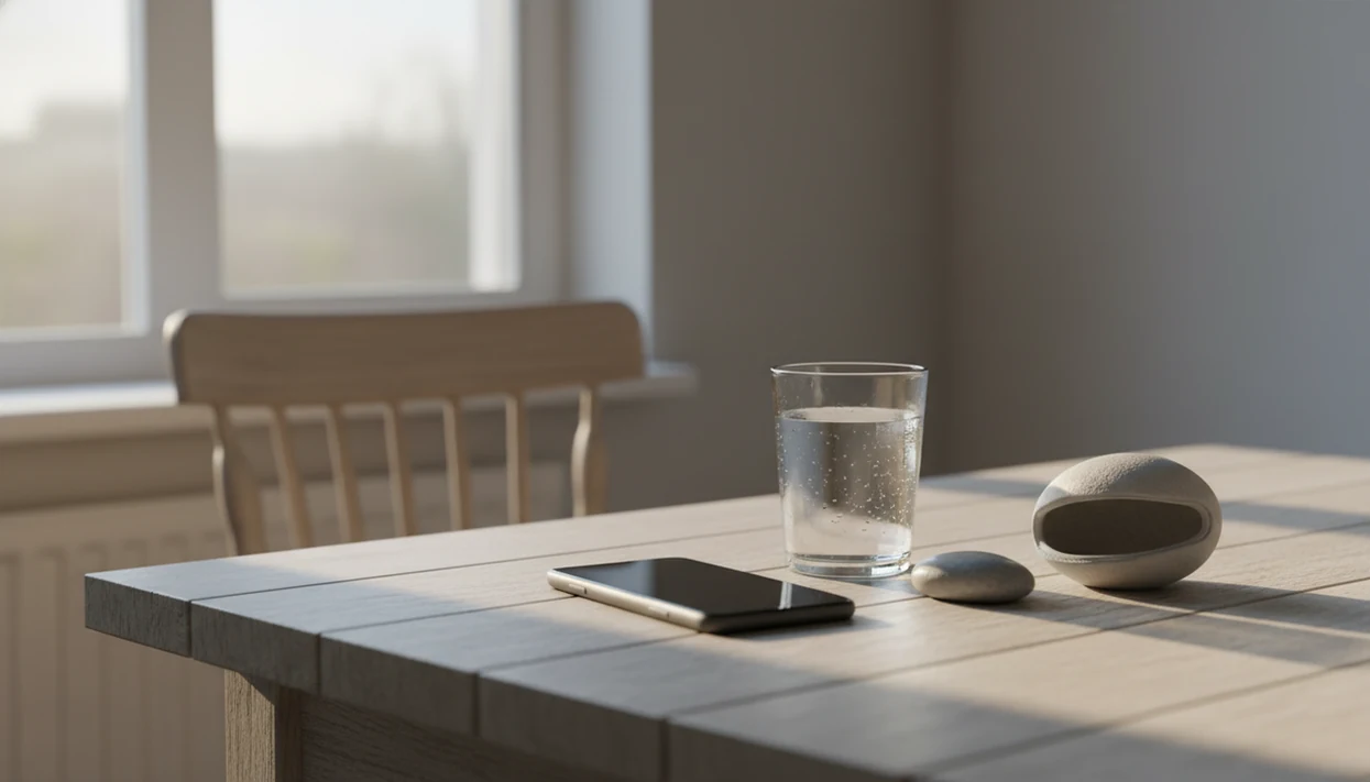 A quiet table scene with a phone face down, water, and grounding objects suggesting a mindful pause.