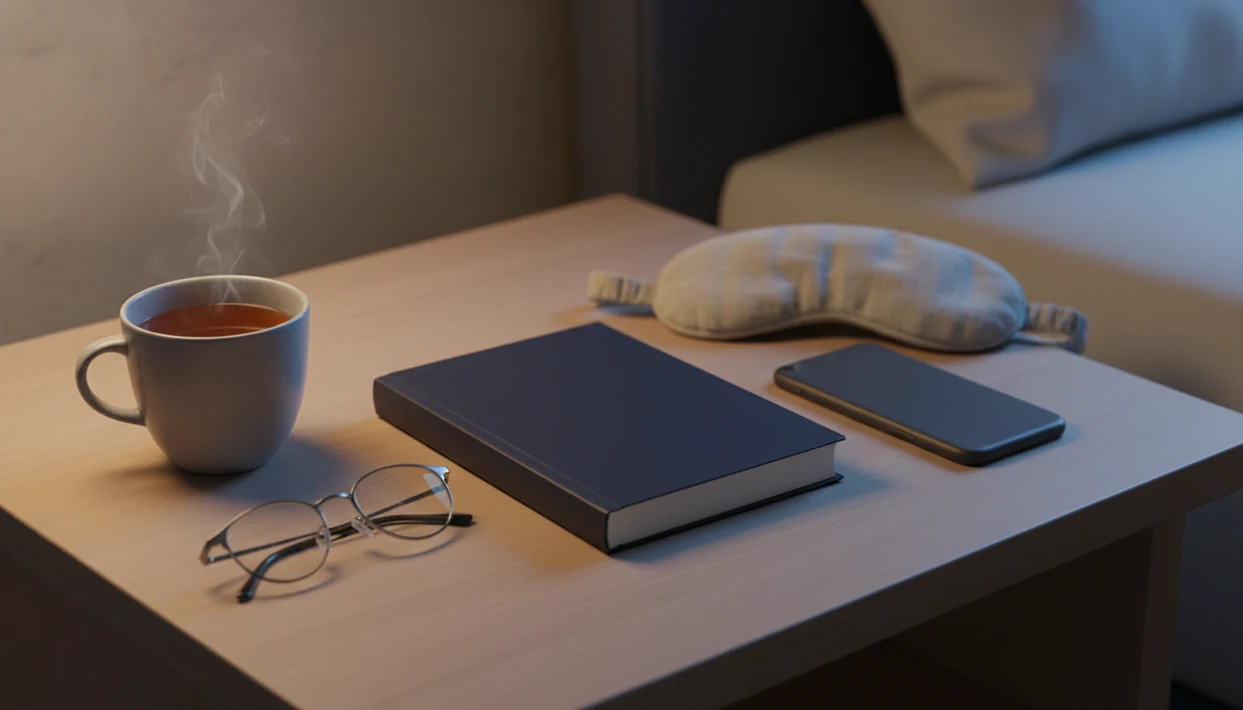 A calm bedside still life with a journal, tea, glasses, sleep mask, and a face-down phone at night.