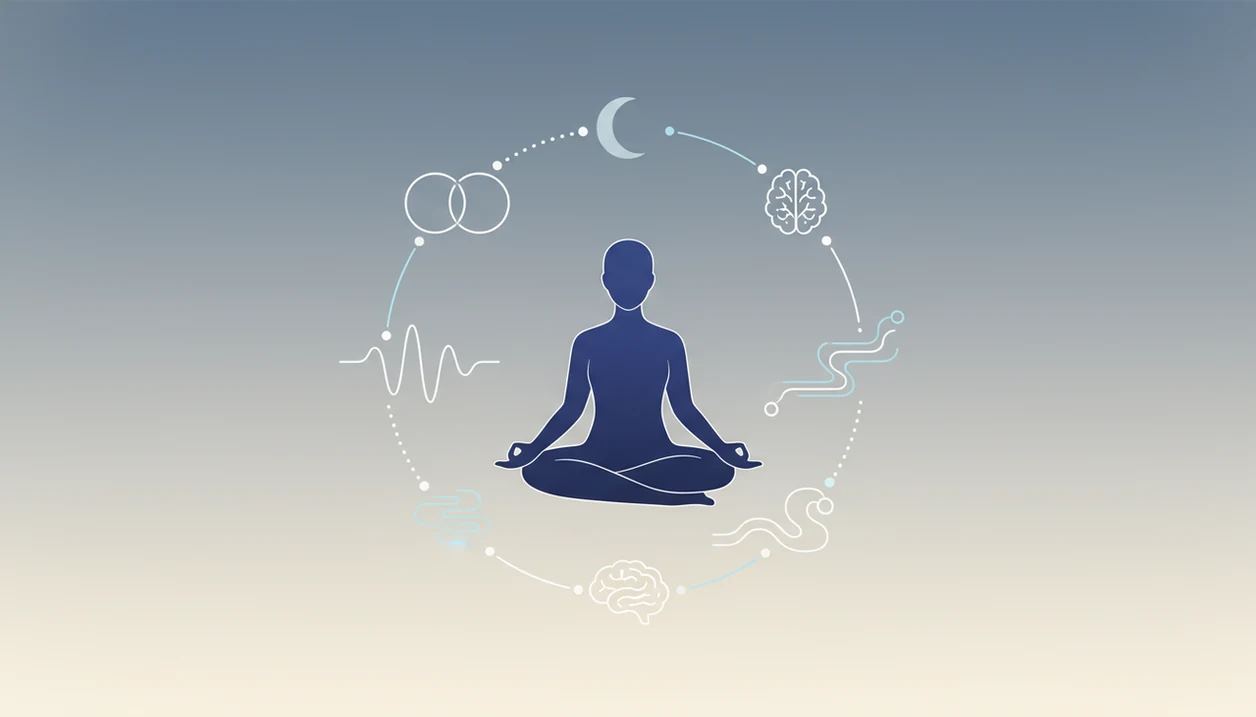 A calm scientific illustration shows meditation linked to breath, brain activity, sleep, and focus.