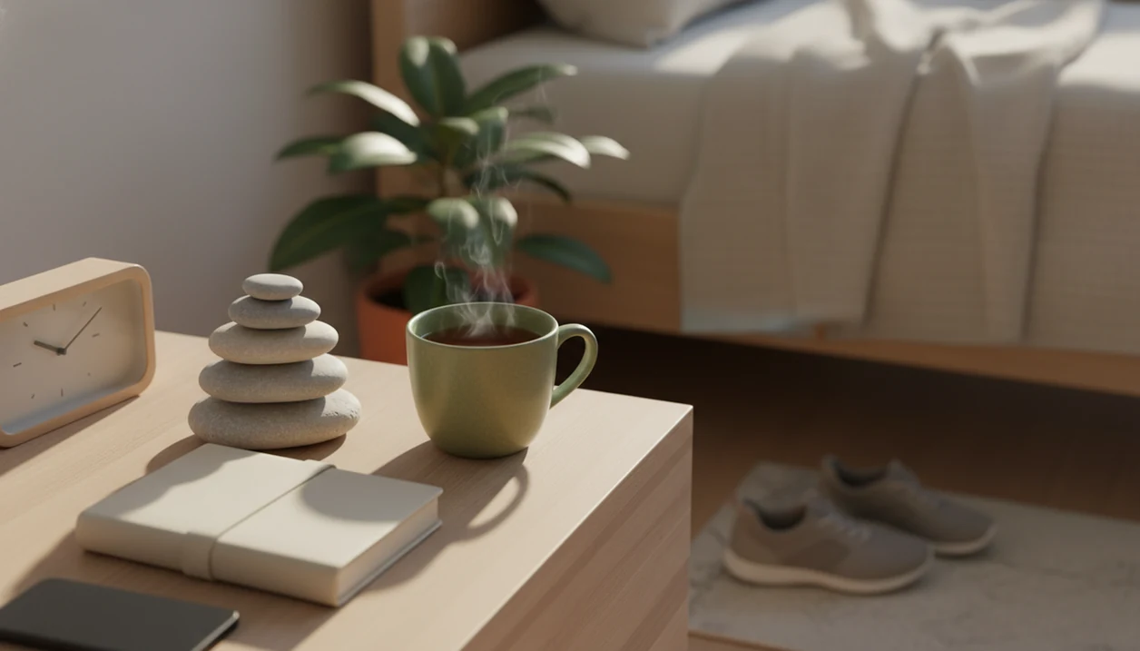 A calm bedside still life shows stones, tea, a journal, and daily habit objects in soft morning light.