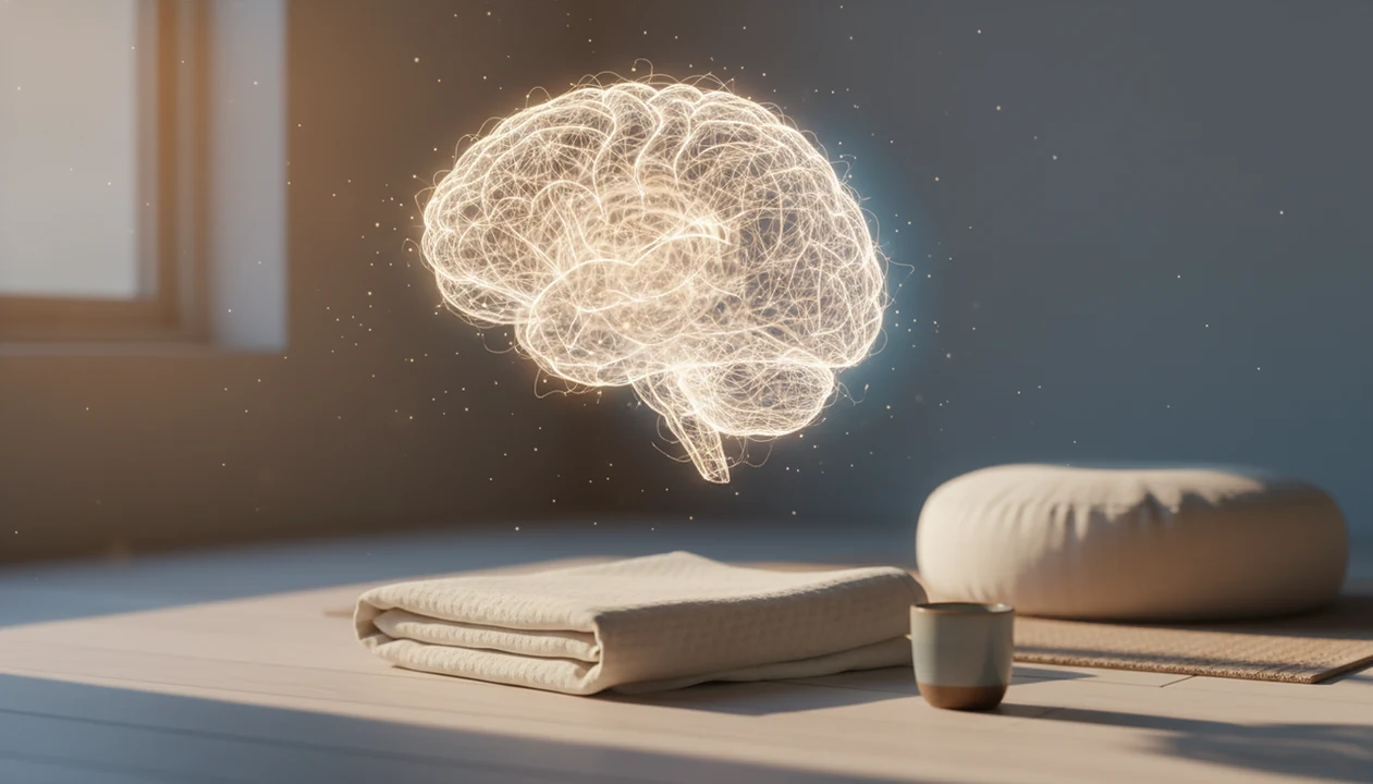 A calm brain illustration floats above a quiet bedside meditation setup in soft morning light.